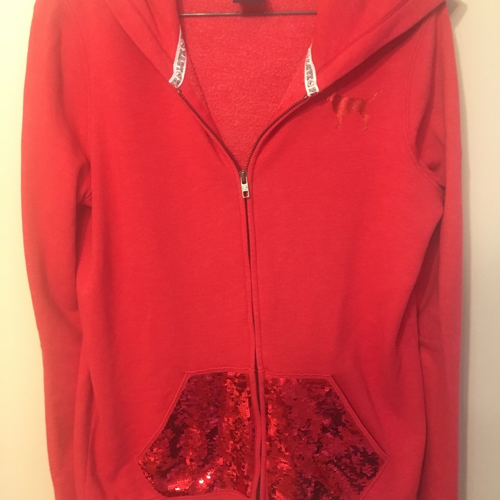 PINK zip up hoodie. Color red with red sequins